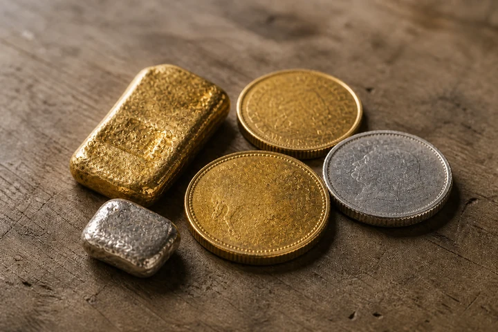 Barra e moedas de ouro e prata sobre bancada de madeira