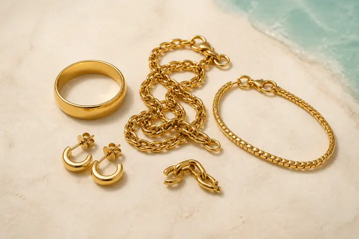 Anel, correntes, pulseira e brincos de ouro sobre fundo claro
